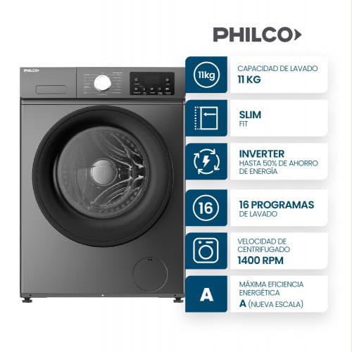 Lavarropas Philco 11kg Carga Frontal Inverter Grey 94PHLF117GN
